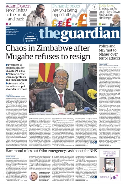 The Guardian Newspaper Front Page for 20 November 2017