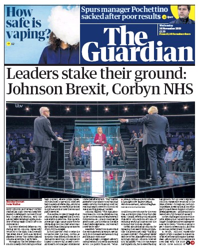 The Guardian (UK) Newspaper Front Page for 20 November 2019