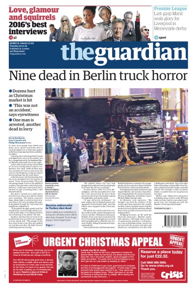 The Guardian (UK) Newspaper Front Page for 20 December 2016