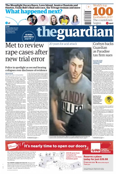 The Guardian Newspaper Front Page for 20 December 2017