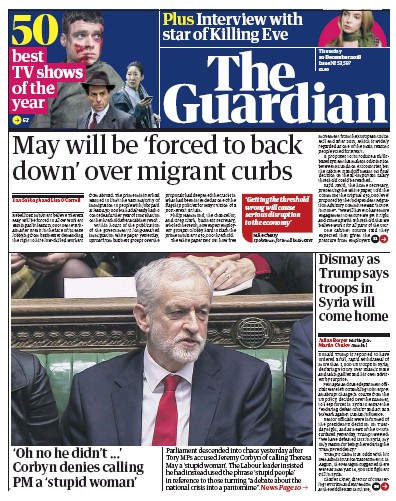 The Guardian Newspaper Front Page for 20 December 2018