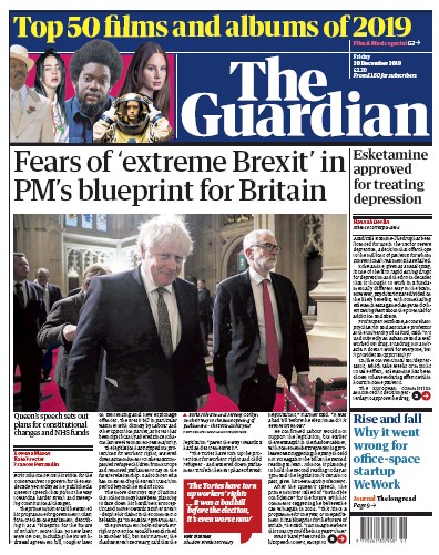 The Guardian Newspaper Front Page for 20 December 2019