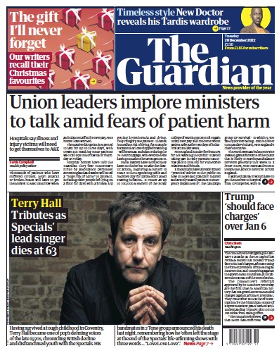 The Guardian Newspaper Front Page for 20 December 2022