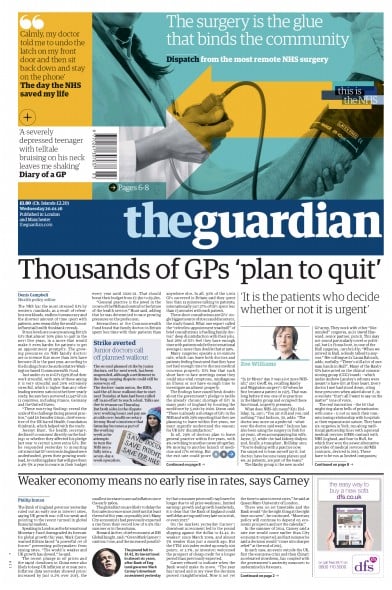 The Guardian Newspaper Front Page for 20 January 2016