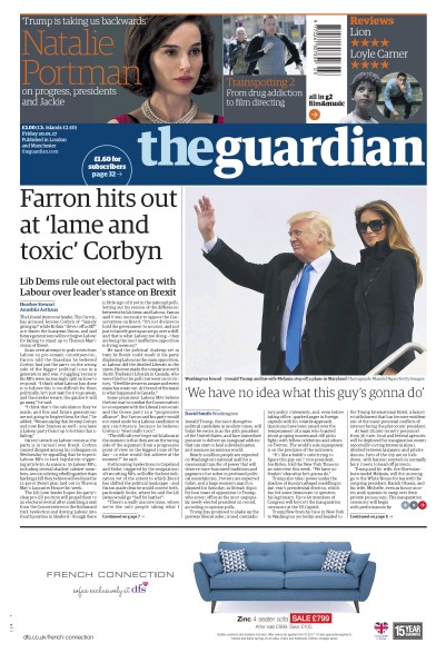 The Guardian Newspaper Front Page for 20 January 2017