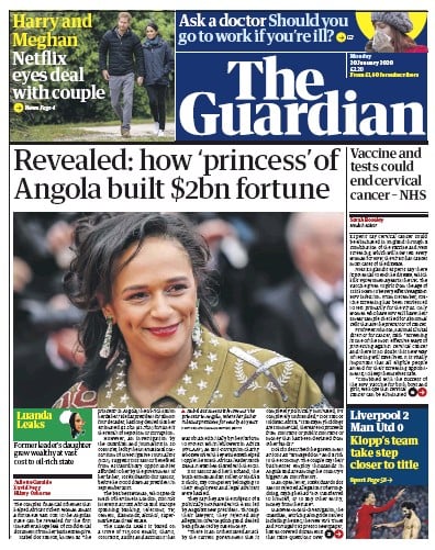 The Guardian (UK) Newspaper Front Page for 20 January 2020