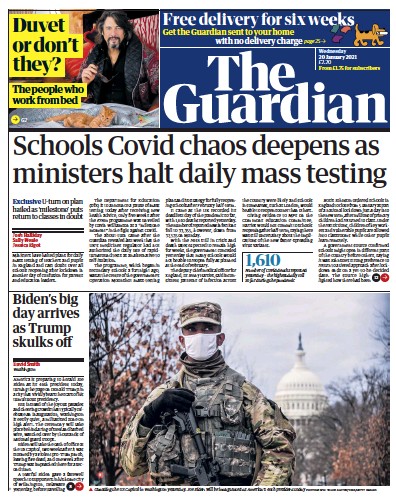 The Guardian (UK) Newspaper Front Page for 20 January 2021