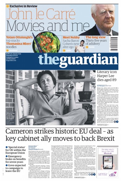 The Guardian Newspaper Front Page for 20 February 2016