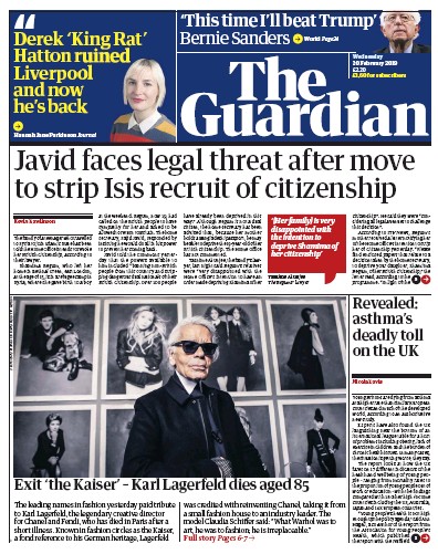 The Guardian Newspaper Front Page for 20 February 2019