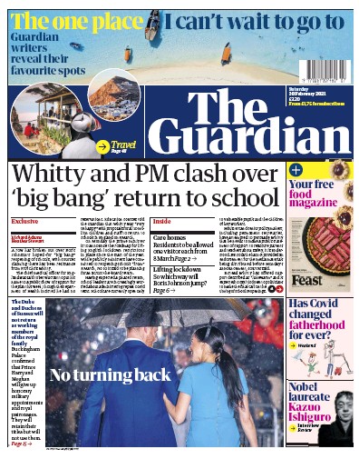 The Guardian Newspaper Front Page for 20 February 2021