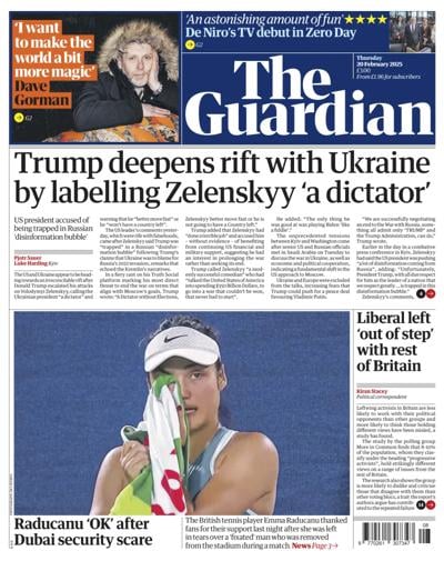 The Guardian (UK) Newspaper Front Page for 20 February 2025