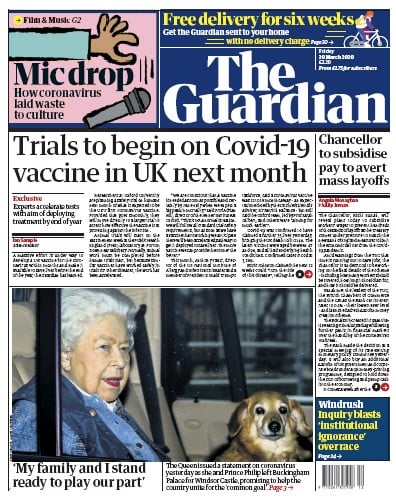 The Guardian Newspaper Front Page for 20 March 2020