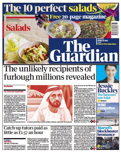 The Guardian (UK) Newspaper Front Page for 20 March 2021