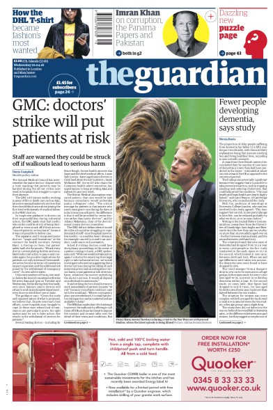 The Guardian Newspaper Front Page for 20 April 2016