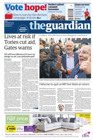 The Guardian Newspaper Front Page for 20 April 2017