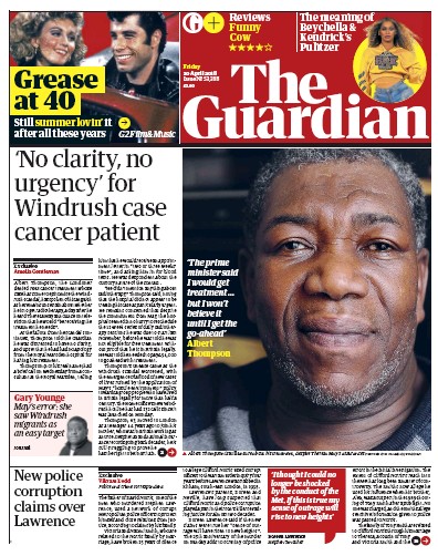 The Guardian Newspaper Front Page for 20 April 2018