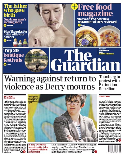 The Guardian Newspaper Front Page for 20 April 2019