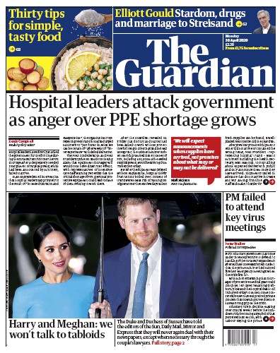 The Guardian Newspaper Front Page for 20 April 2020