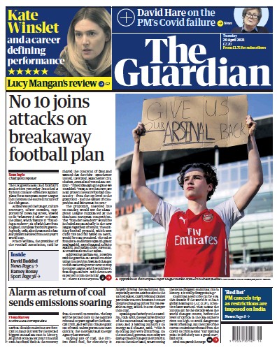 The Guardian (UK) Newspaper Front Page for 20 April 2021
