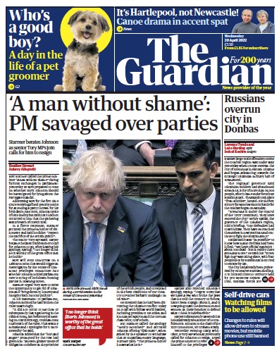 The Guardian (UK) Newspaper Front Page for 20 April 2022