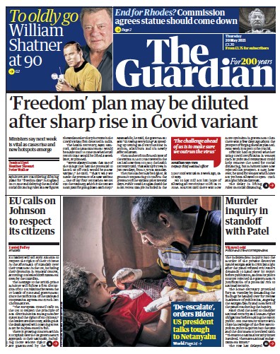 The Guardian Newspaper Front Page for 20 May 2021
