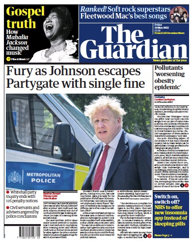 The Guardian (UK) Newspaper Front Page for 20 May 2022