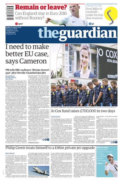 The Guardian (UK) Newspaper Front Page for 20 June 2016