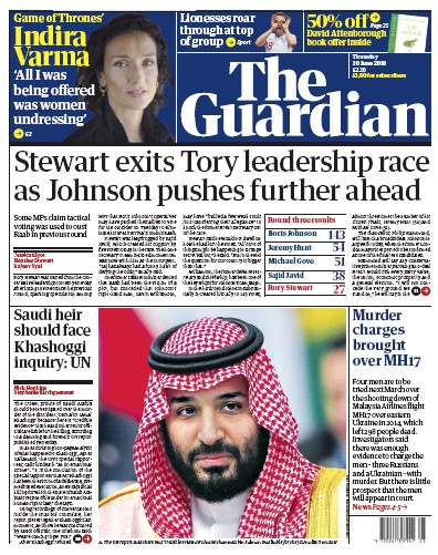 The Guardian Newspaper Front Page for 20 June 2019