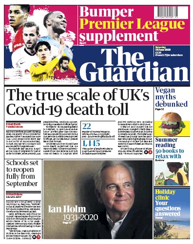 The Guardian Newspaper Front Page for 20 June 2020