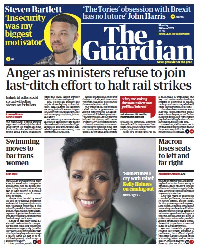 The Guardian (UK) Newspaper Front Page for 20 June 2022