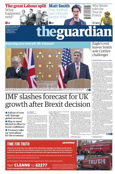 The Guardian Newspaper Front Page for 20 July 2016