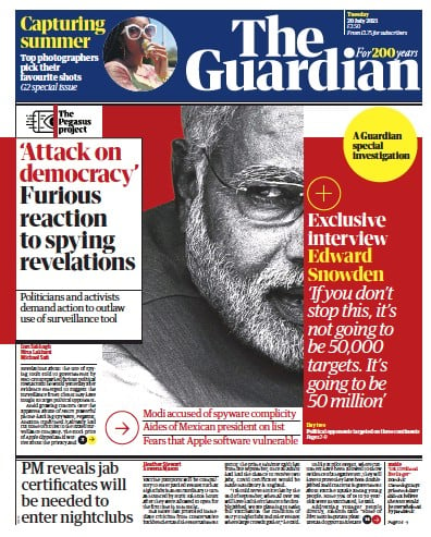 The Guardian (UK) Newspaper Front Page for 20 July 2021