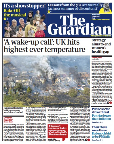 The Guardian Newspaper Front Page for 20 July 2022