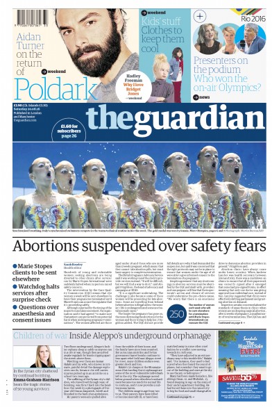 The Guardian Newspaper Front Page for 20 August 2016