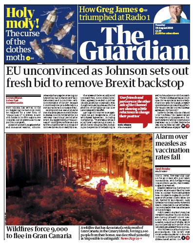 The Guardian (UK) Newspaper Front Page for 20 August 2019