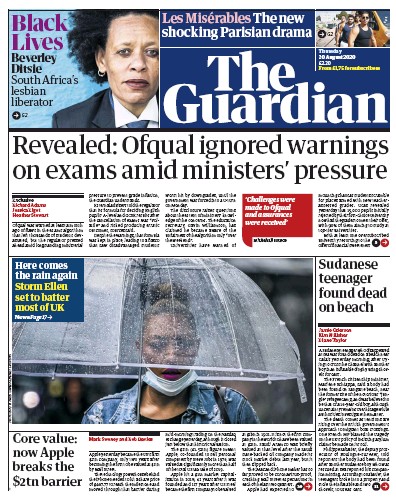 The Guardian Newspaper Front Page for 20 August 2020