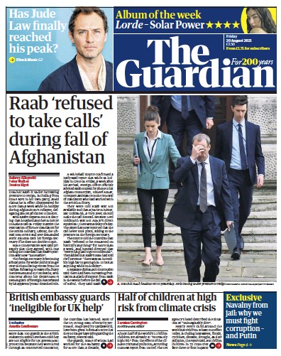 The Guardian (UK) Newspaper Front Page for 20 August 2021