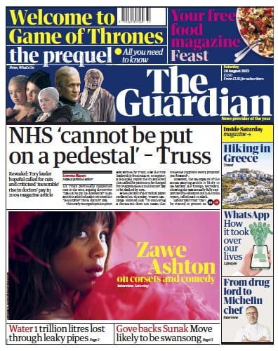 The Guardian (UK) Newspaper Front Page for 20 August 2022