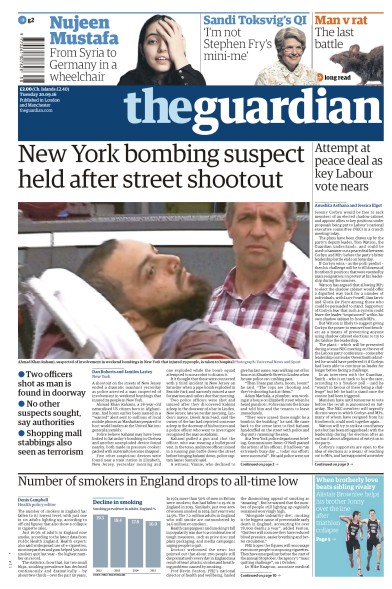 The Guardian (UK) Newspaper Front Page for 20 September 2016