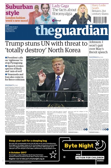 The Guardian Newspaper Front Page for 20 September 2017