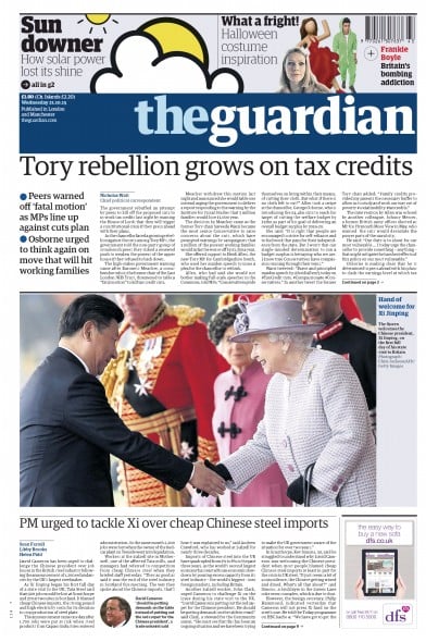 The Guardian Newspaper Front Page for 21 October 2015