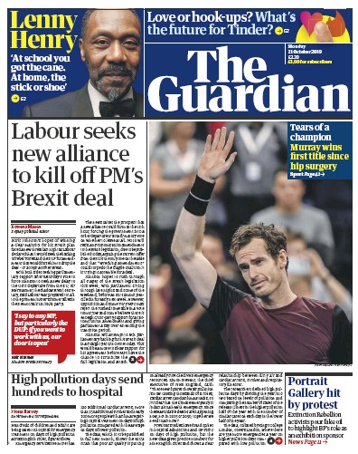 The Guardian Newspaper Front Page for 21 October 2019