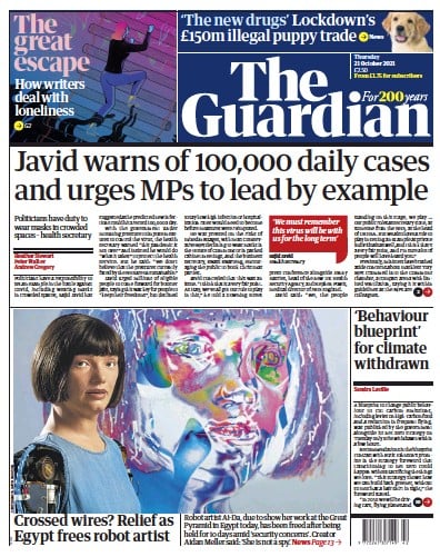 The Guardian (UK) Newspaper Front Page for 21 October 2021