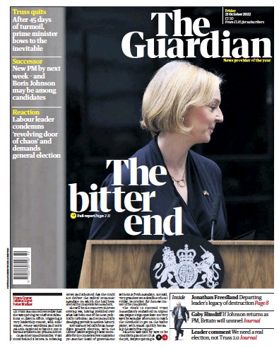 The Guardian (UK) Newspaper Front Page for 21 October 2022