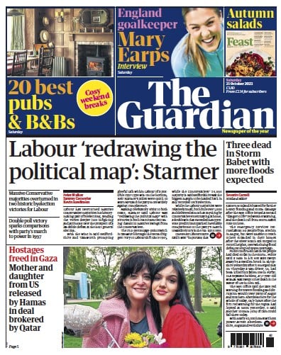 The Guardian (UK) Newspaper Front Page for 21 October 2023
