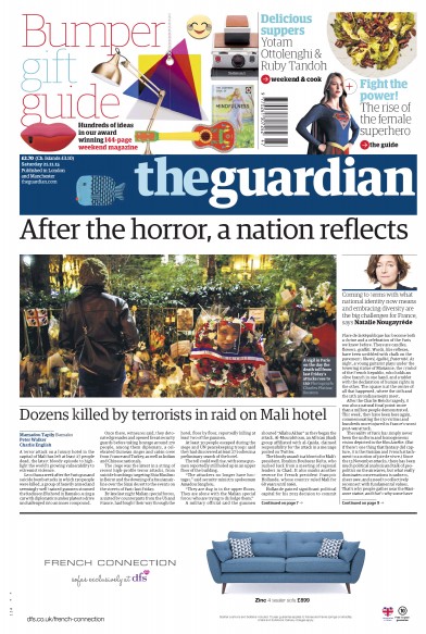 The Guardian Newspaper Front Page for 21 November 2015