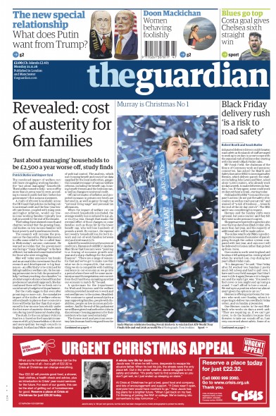 The Guardian Newspaper Front Page for 21 November 2016