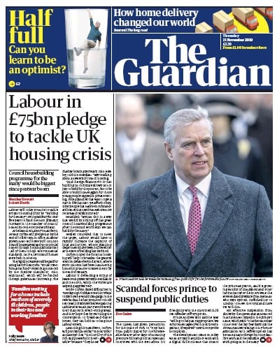 The Guardian (UK) Newspaper Front Page for 21 November 2019