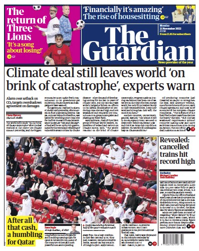 The Guardian (UK) Newspaper Front Page for 21 November 2022
