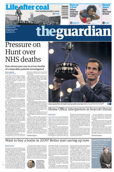 The Guardian (UK) Newspaper Front Page for 21 December 2015